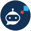 A blue circle with a black and red square and a black and blue robot head